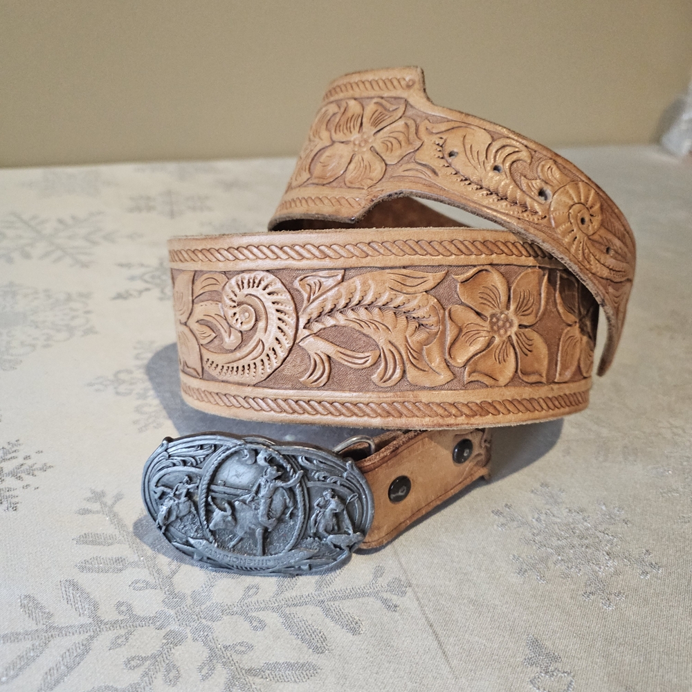 Rodeo Silver Belt Buckle Leather Artisan Carved Belt 1987 Bergamot VTG Western